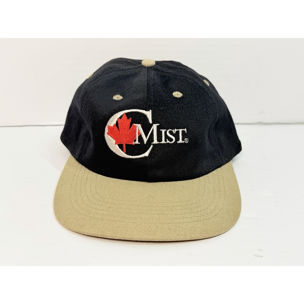 Vintage Canadian Mist Whiskey Strapback Hat Black Tan Logo Cap Made In‎ Taiwan